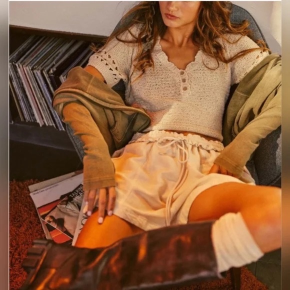 Free People Bree Pullover Crochet Top in Summer Khaki - Picture 1 of 7